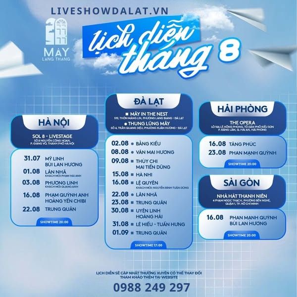 Lịch diễn Mây Lang Thang tháng 8-2025